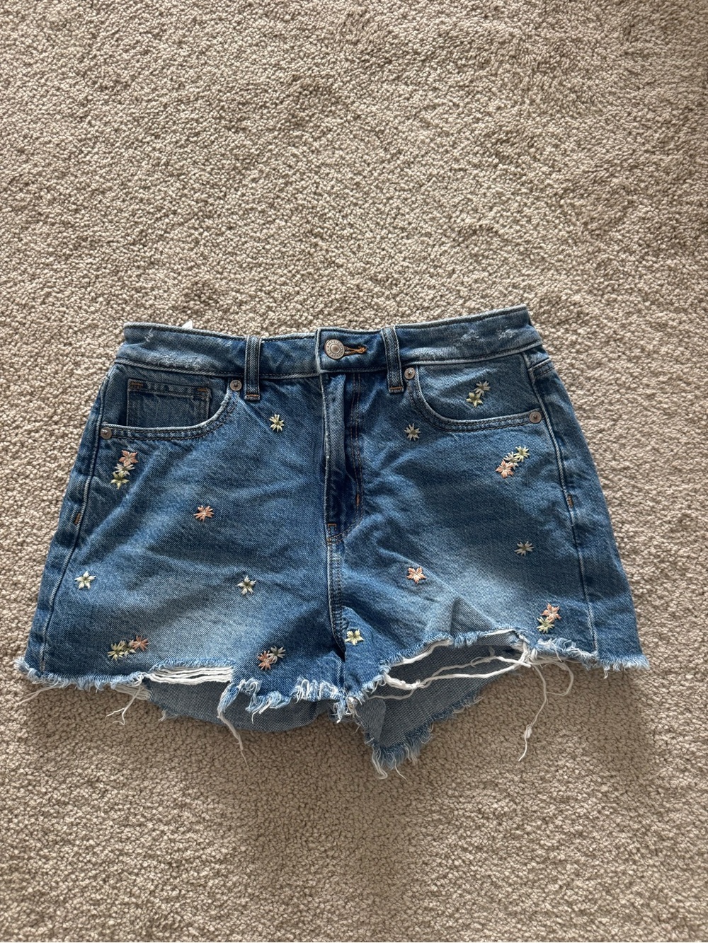 American Eagle Outfitters Blue Embroidered Frayed-Hem Jean Shorts